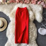 Solid Red Ruched Split Thigh Skirt